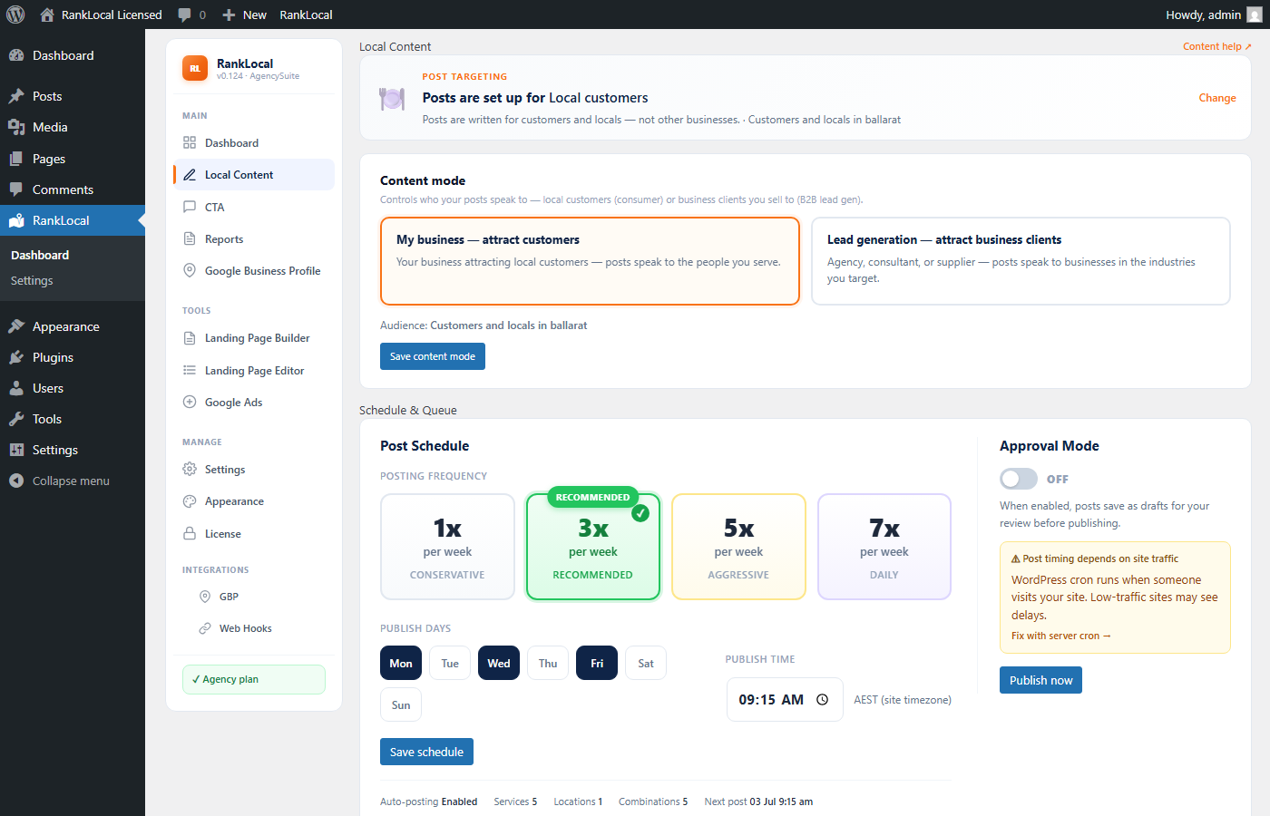 SEO AutoPilot Local Content tab with post targeting banner and generated posts