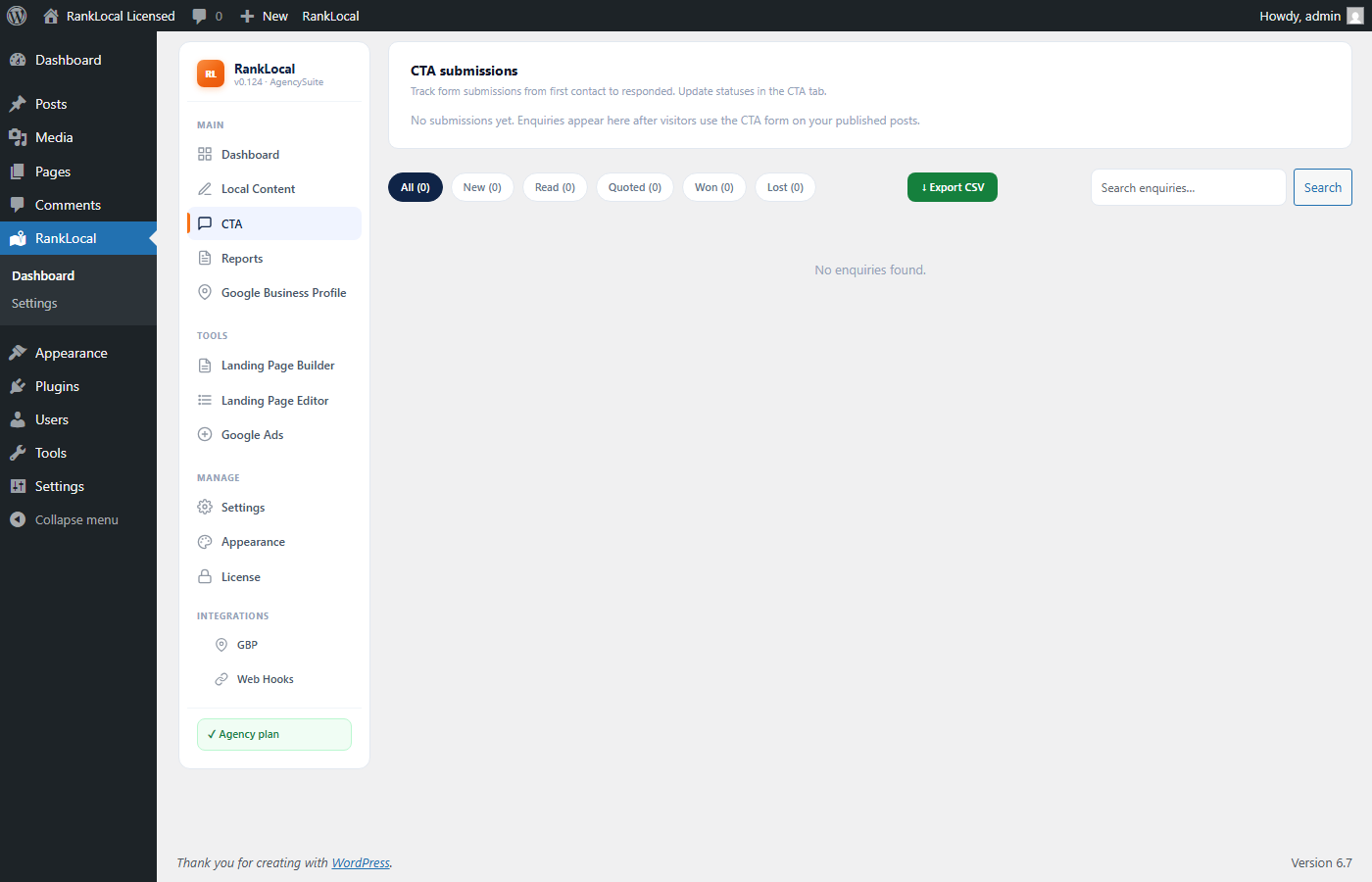 SEO AutoPilot Leads tab with enquiry list