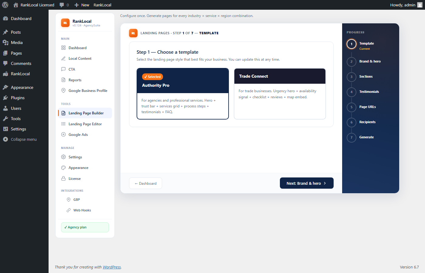 Landing Page Setup wizard step 1 Template selection