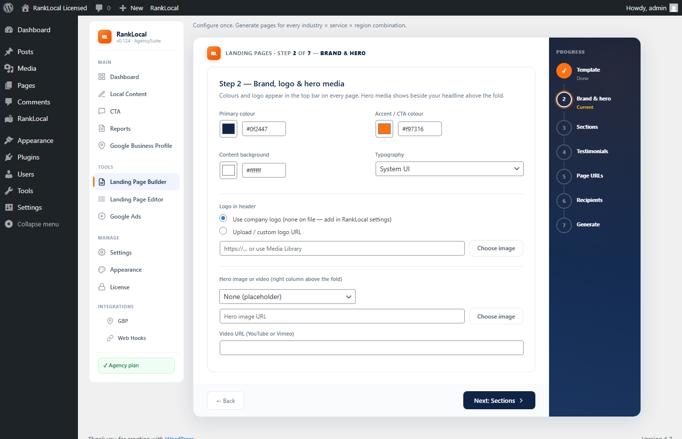 Landing page wizard Brand and hero step