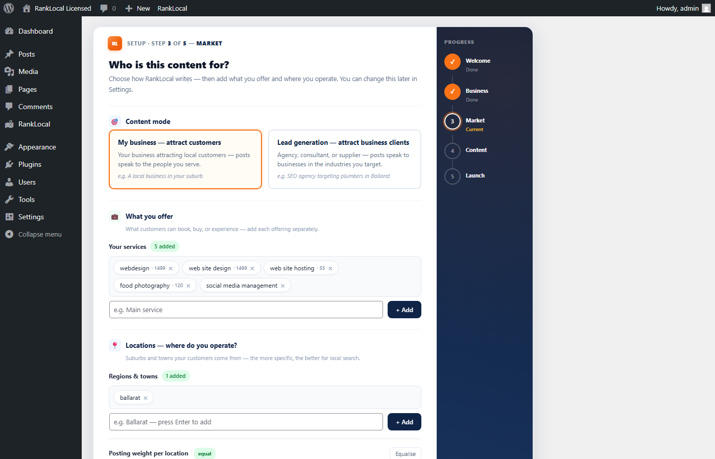 Setup wizard step 3 — content mode, services, and locations