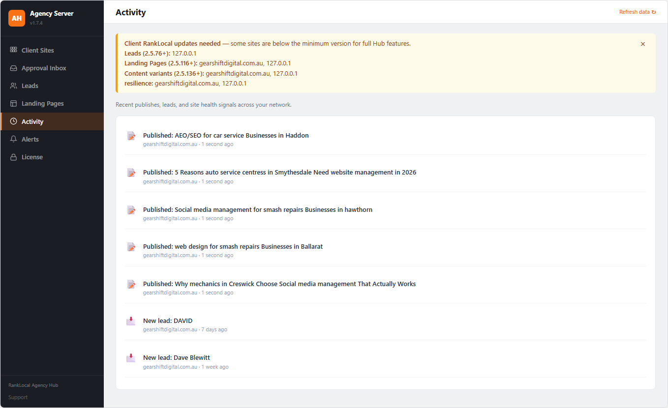 Agency Hub Activity timeline