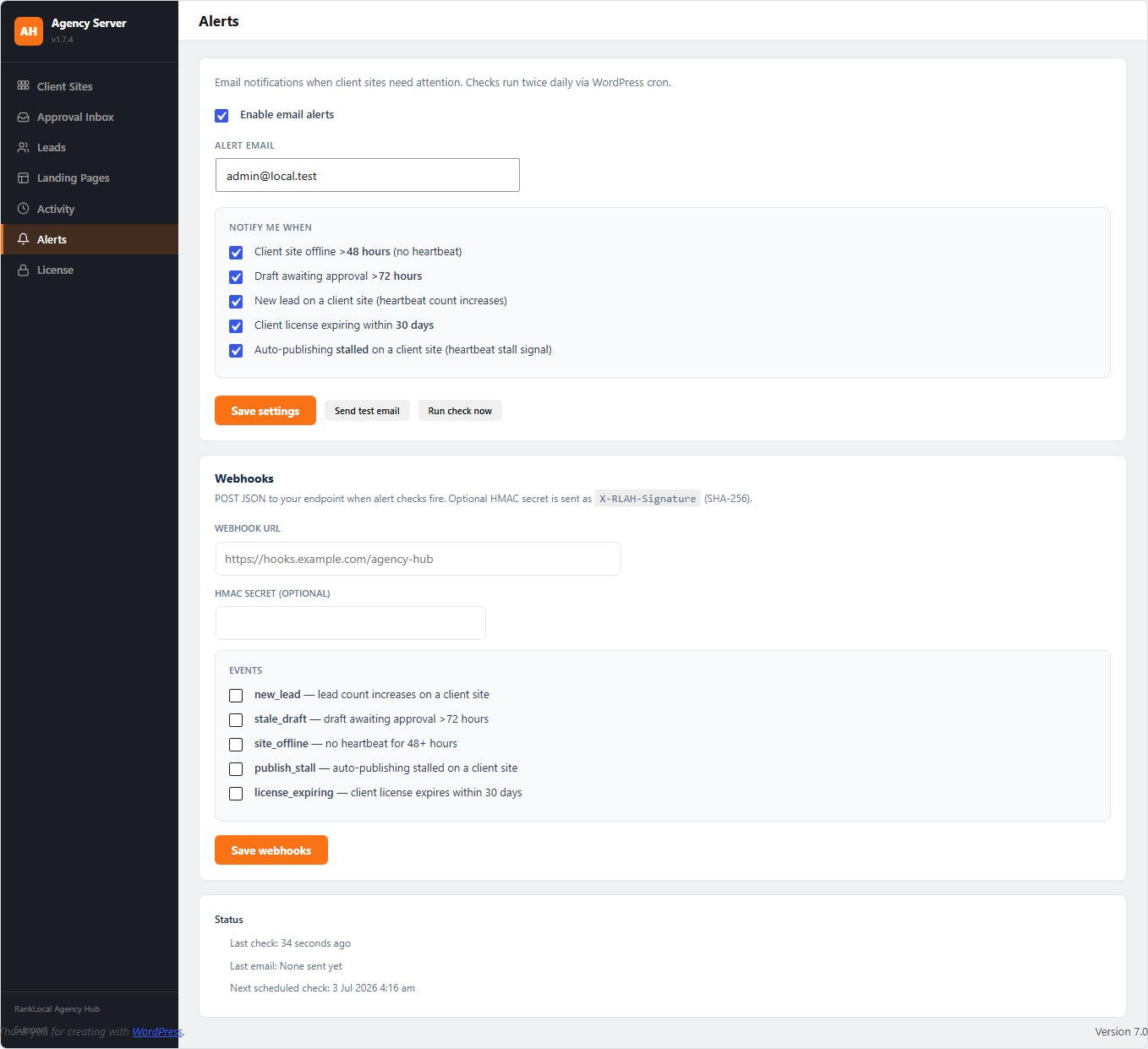 Agency Hub email alerts settings
