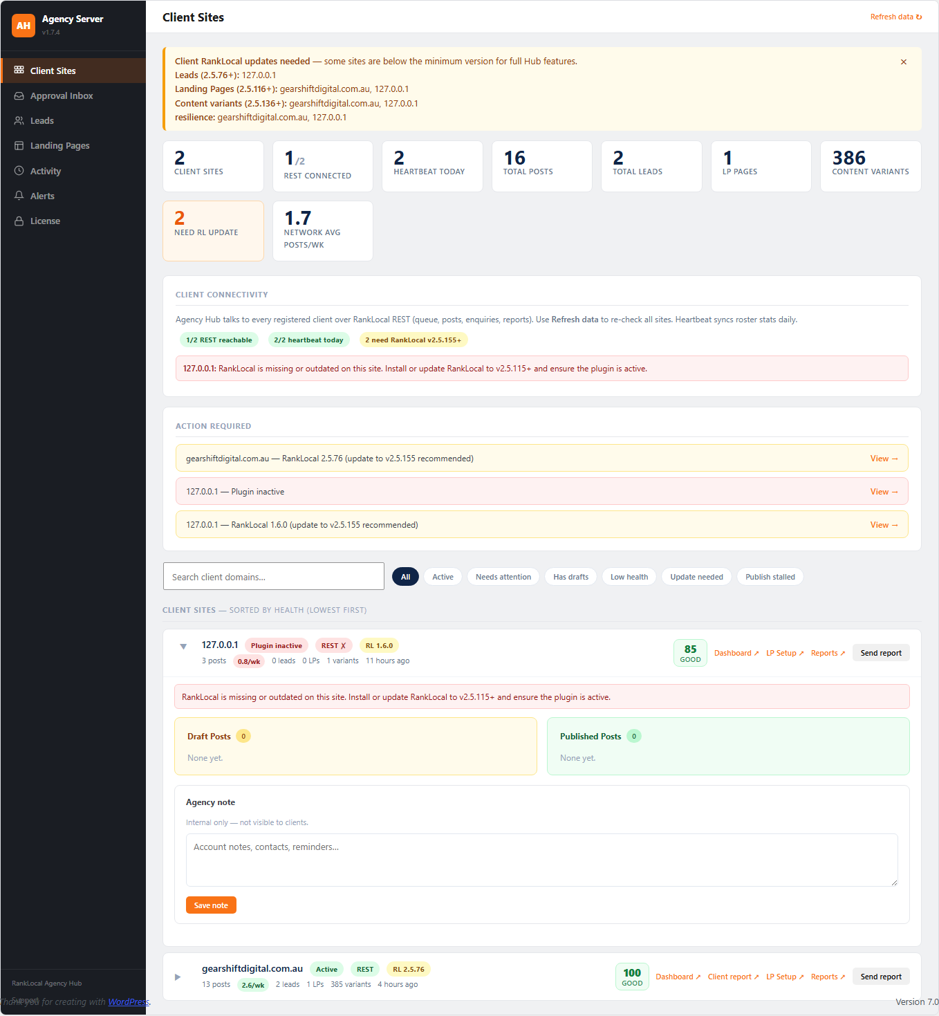 Agency Hub Client Sites dashboard