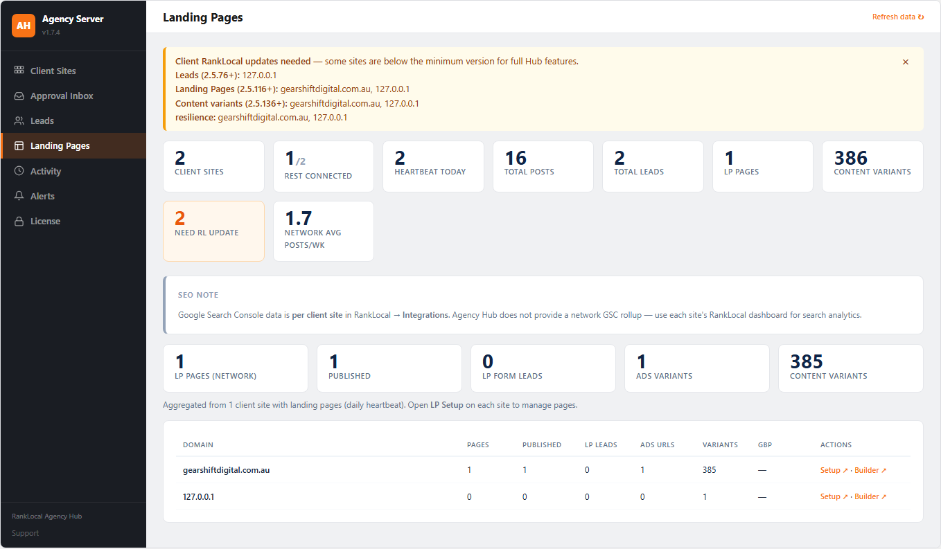 Agency Hub landing pages network tab
